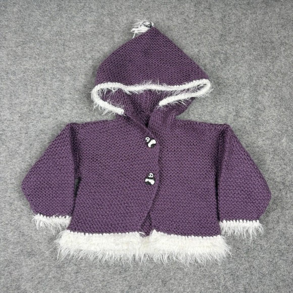 Handmade Other - Unbranded Knit Hooded Cardigan Baby Size 6-12M Purple Panda Faux Fur Trim